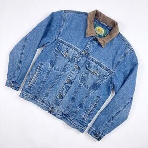 Cabelas Vintage Flannel Lined Jean Jacket Field Denim Leather Collar Mens Medium